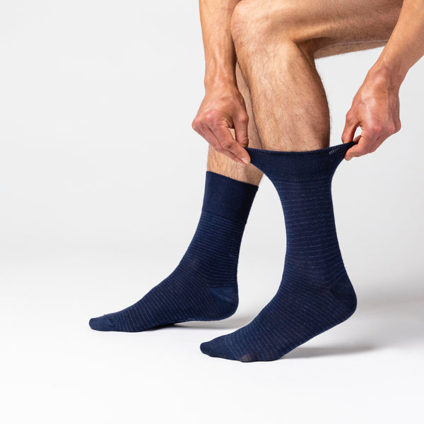 Lot de 3 paires de chaussettes en coton à fines rayures Nova pour homme - Bleu marine/denim
