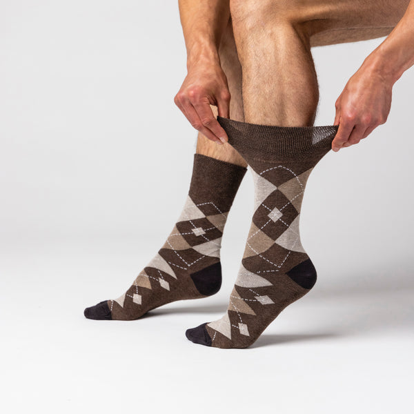 Lot de 3 paires de chaussettes en coton à motif losanges pour homme – Marron Leven/Naturel