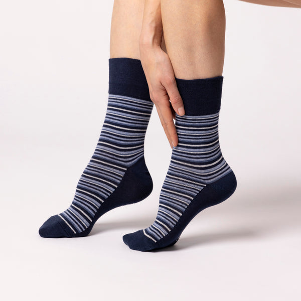 Lot de 3 paires de chaussettes City en coton à rayures variées pour femme - Bleu marine