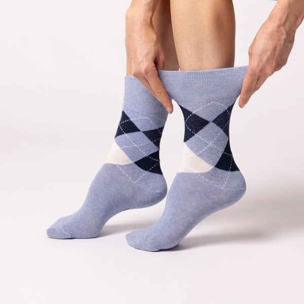 3 Pairs Ladies Highlands Argyle Cotton Socks - Navy/Denim