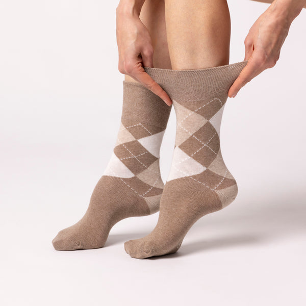 3 Pairs Ladies Highlands Argyle Cotton Socks - Brown