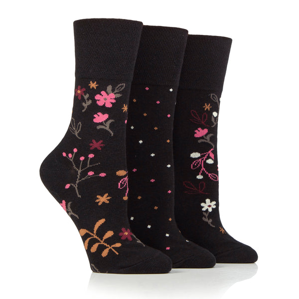 3 Pairs Ladies Cotton Socks - Floral Night