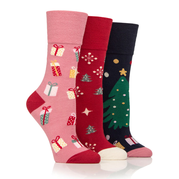 3 Pairs Ladies Fun Feet Christmas Socks - Bamboo Snowflake/Present/Tree