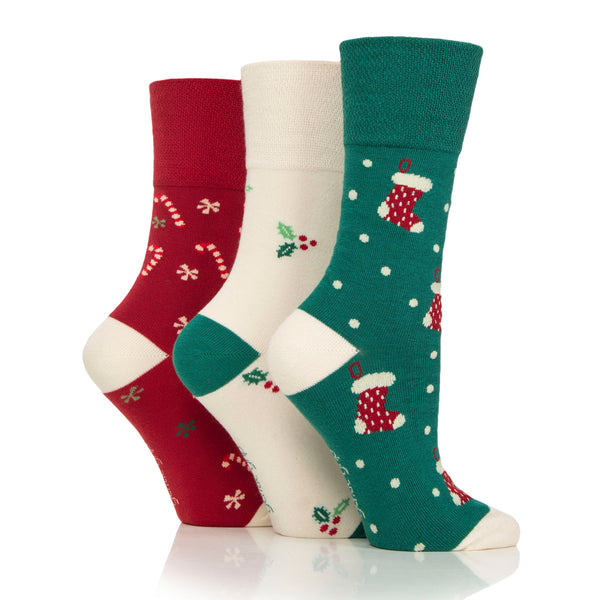 3 Pairs Ladies Fun Feet Christmas Socks - Bamboo Stocking/Holly/Candy Canes