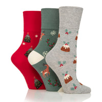 3 Pairs Ladies Fun Feet Christmas Socks - Pudding/Reindeer/Tree