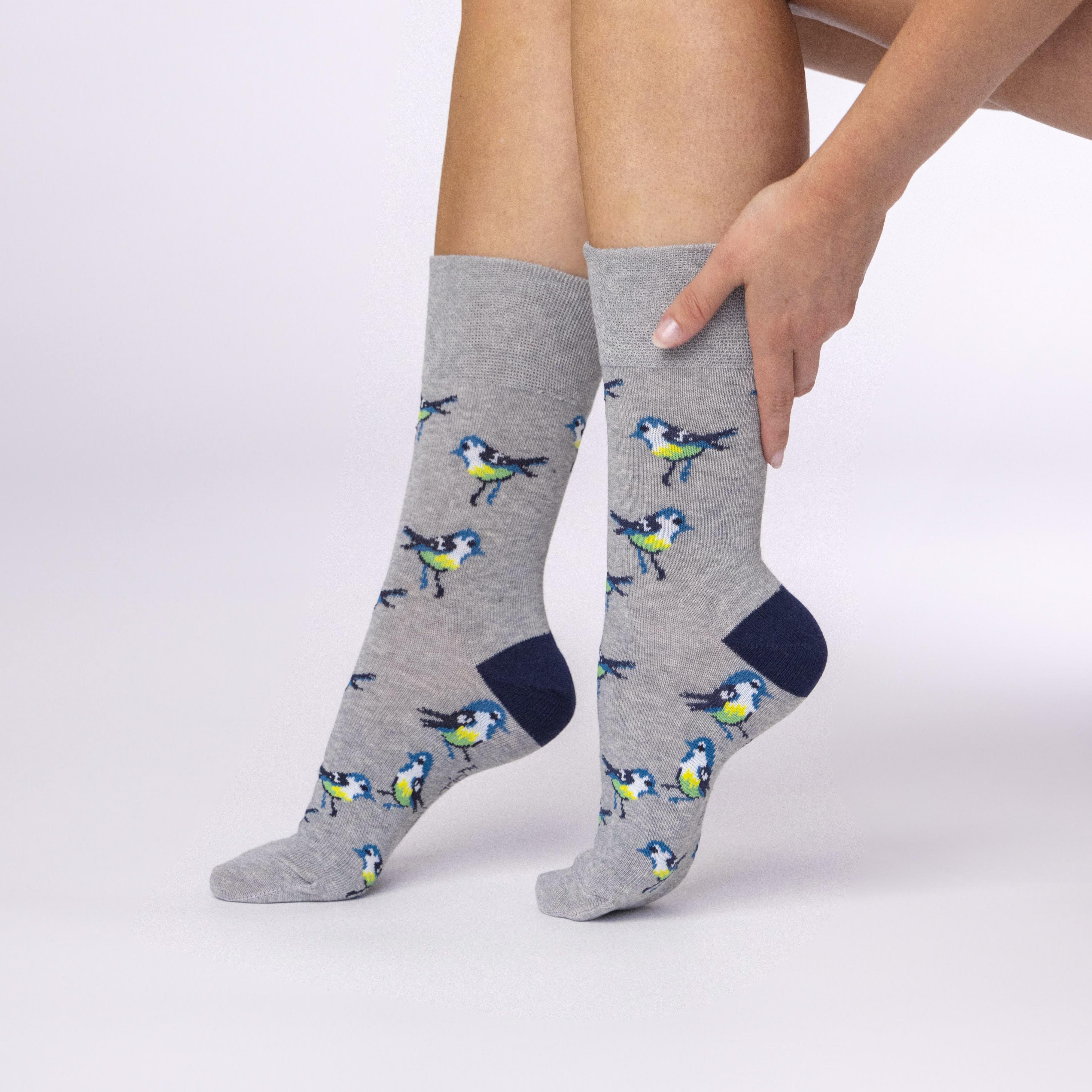 Lot de 3 paires de chaussettes amusantes en coton pour femme - Motifs oiseaux d'amour gris/bleu