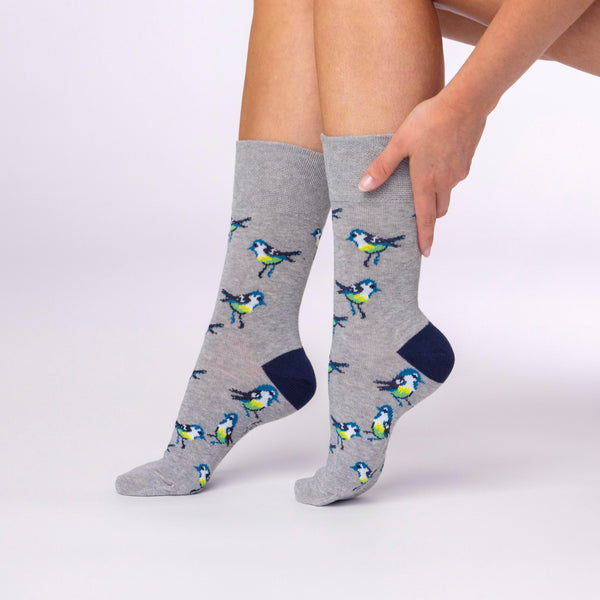 Lot de 3 paires de chaussettes amusantes en coton pour femme - Motifs oiseaux d'amour gris/bleu