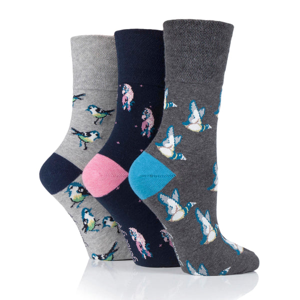 Lot de 3 paires de chaussettes amusantes en coton pour femme - Motifs oiseaux d'amour gris/bleu