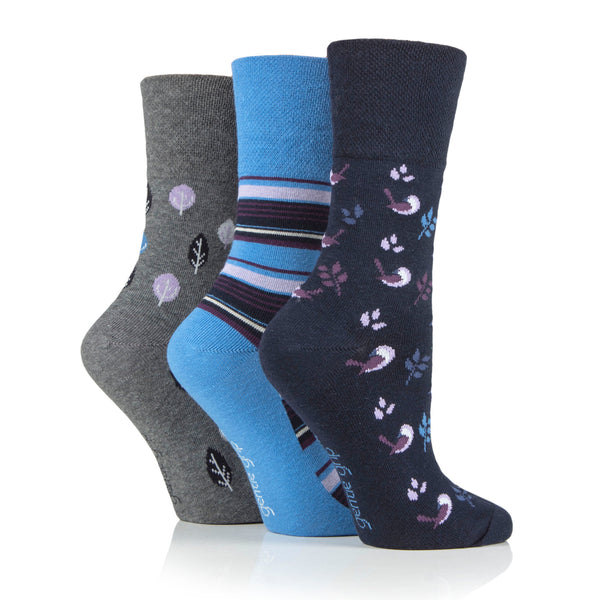 Lot de 3 paires de chaussettes en coton pour femme – Oiseau nature bleu marine