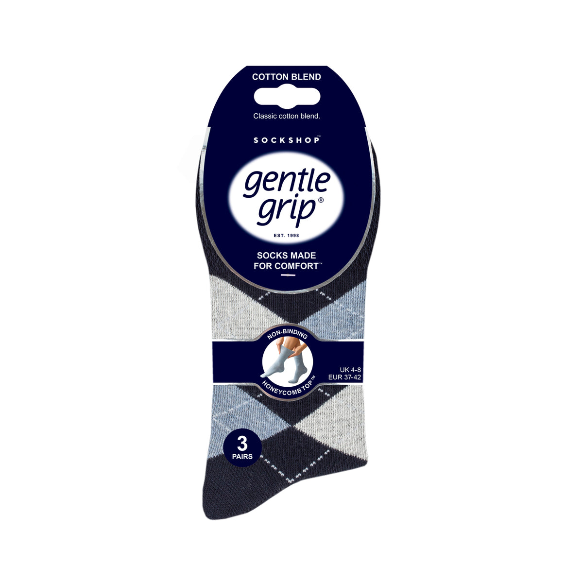 3 Pairs Ladies Highlands Argyle Cotton Socks - Navy/Denim
