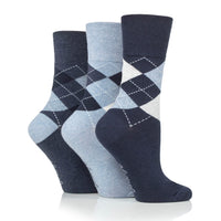 Lot de 3 paires de chaussettes Highlands Argyle en coton pour femme - Bleu marine/denim