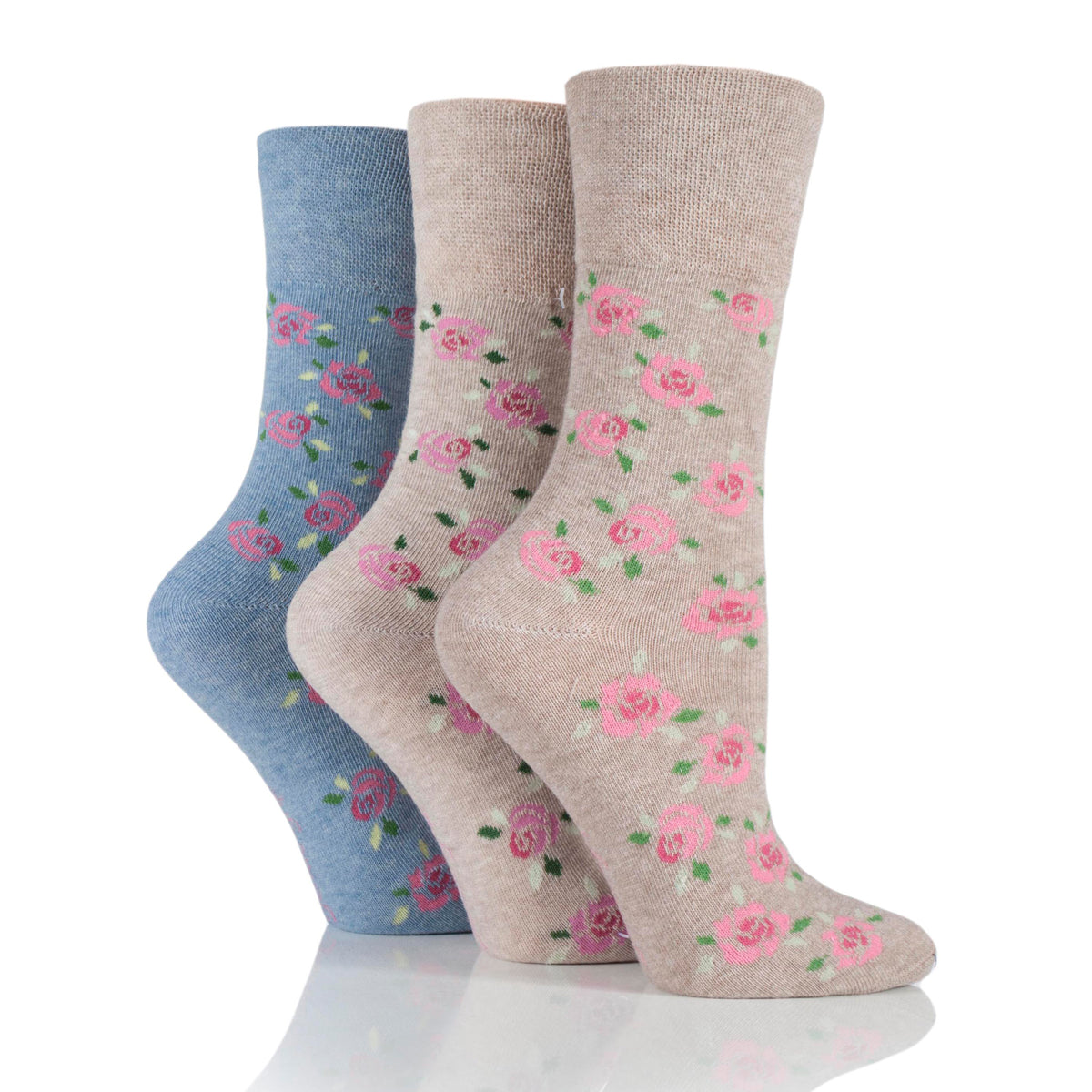 3 paires de chaussettes en coton pour femme - Bleu/Fleurs neutres