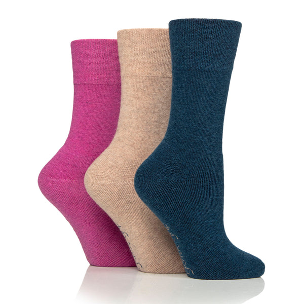 3 Pairs Ladies Gentle Grip Wool Walker Socks - Colour Mix