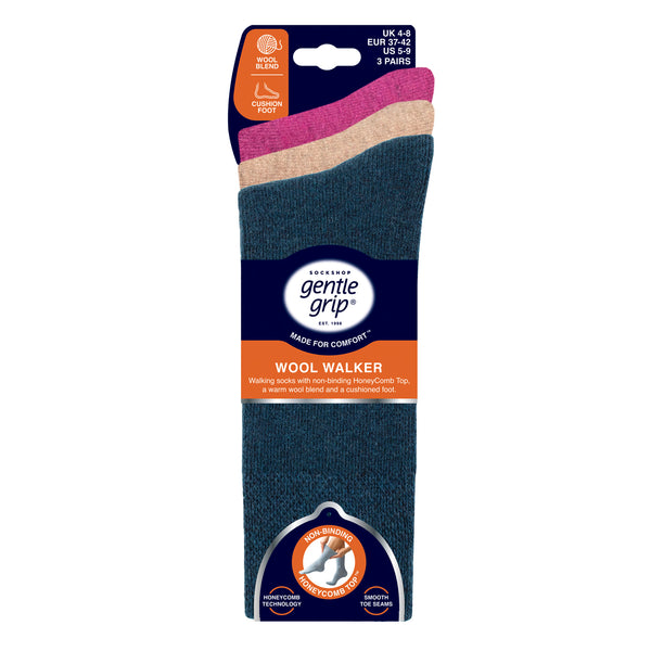 3 Pairs Ladies Gentle Grip Wool Walker Socks - Colour Mix