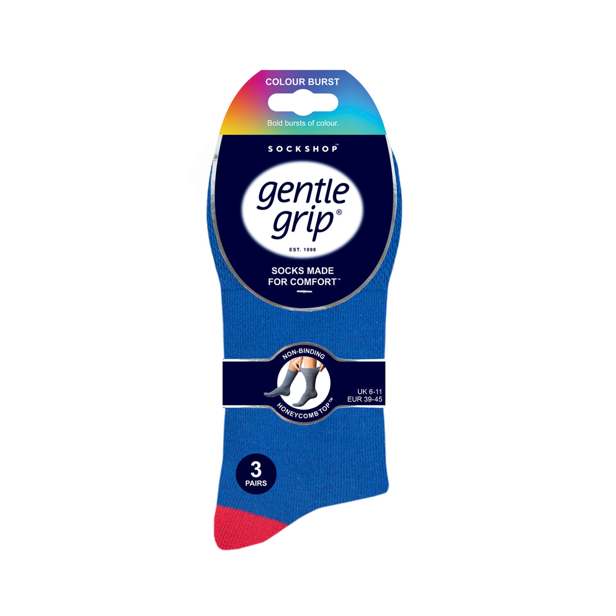 Lot de 3 paires de chaussettes en coton pour homme, motif Colourburst, hybride bleu/rouge
