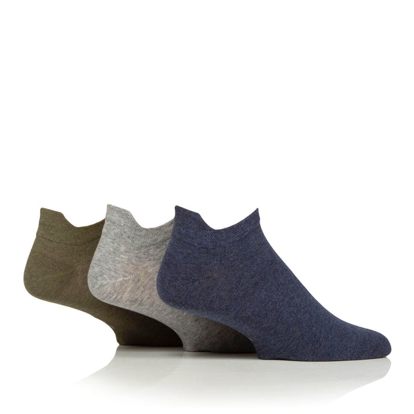 3 Pairs Mens Cotton Trainer Socks - Navy/Grey/Khaki