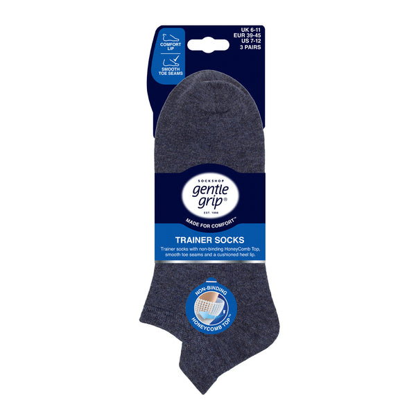 3 Pairs Mens Cotton Trainer Socks - Navy/Grey/Khaki